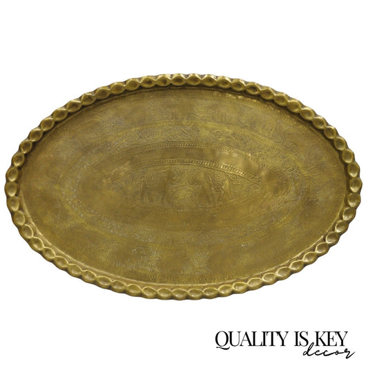 Vintage Moroccan Middle Eastern Large Brass Oval Elephant Engraved 46" Tray Top