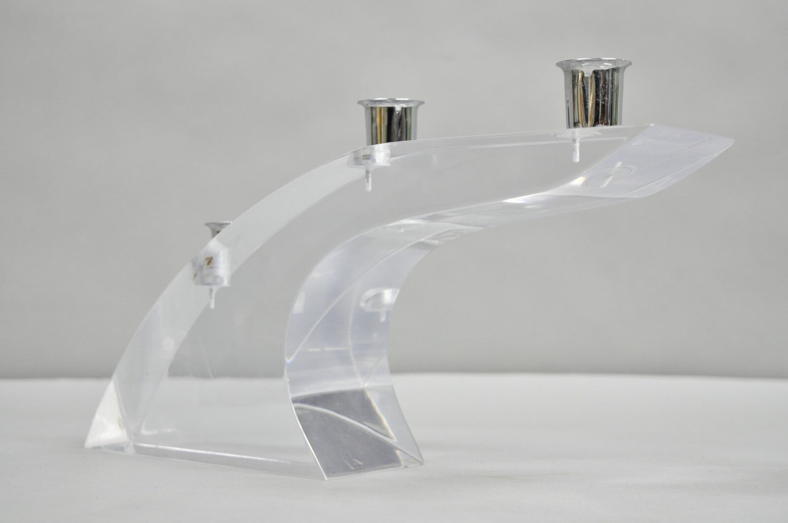 Vintage Mid Century Modern Lucite Chrome Sculptural Arched Candlestick Holder