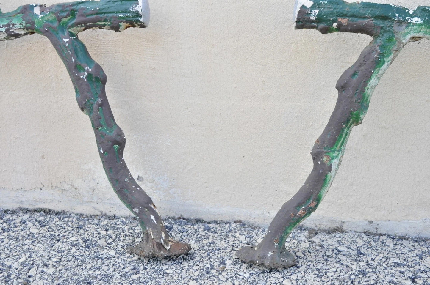 Antique Victorian Cast Iron Faux Bois Green Branch Twig Garden Bench Legs - Pair