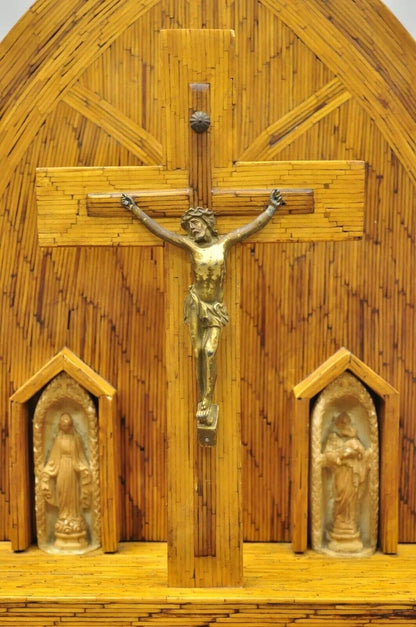 Vintage Folk Art Matchstick Prison Tramp Art Crucifix Jesus Christ Sculpture