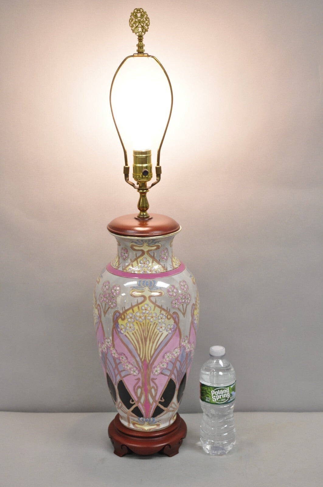 Vintage Chinoiserie Pink Glazed Porcelain Chinese Art Nouveau Table Lamp