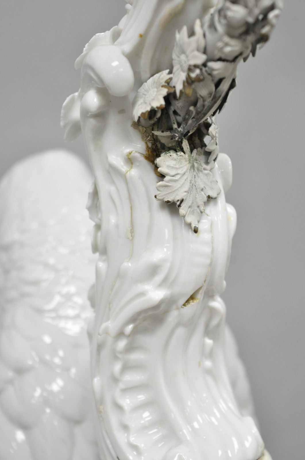 Antique Italian Blanc de Chine White Porcelain Perched Parrot Bird Table Lamp