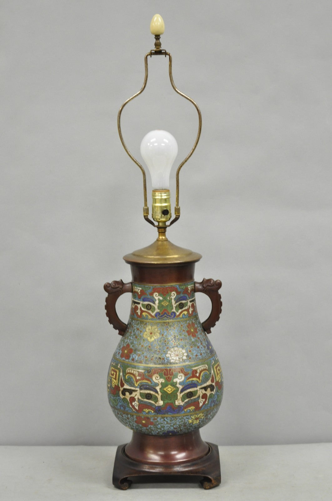 Antique Chinoiserie Blue Cloisonne Enamel Bronze Champleve Vase Table Lamp
