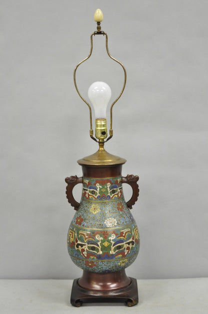 Antique Chinoiserie Blue Cloisonne Enamel Bronze Champleve Vase Table Lamp
