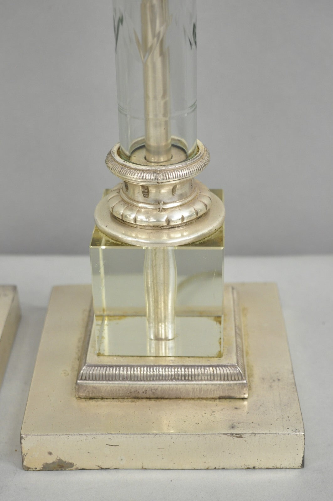 Antique French Empire Nickel Silver Glass Corinthian Column Table Lamps - a Pair