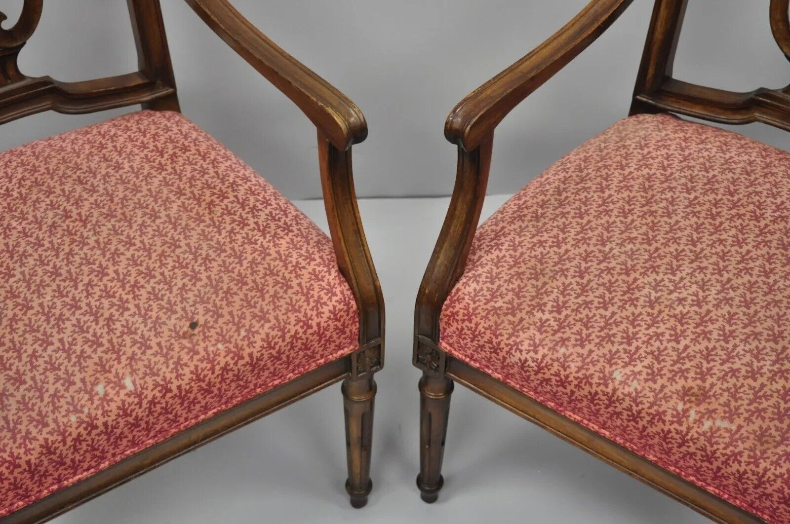 Antique French Louis XVI Style Harp Lyre Back Italian Mahogany Arm Chairs - Pair