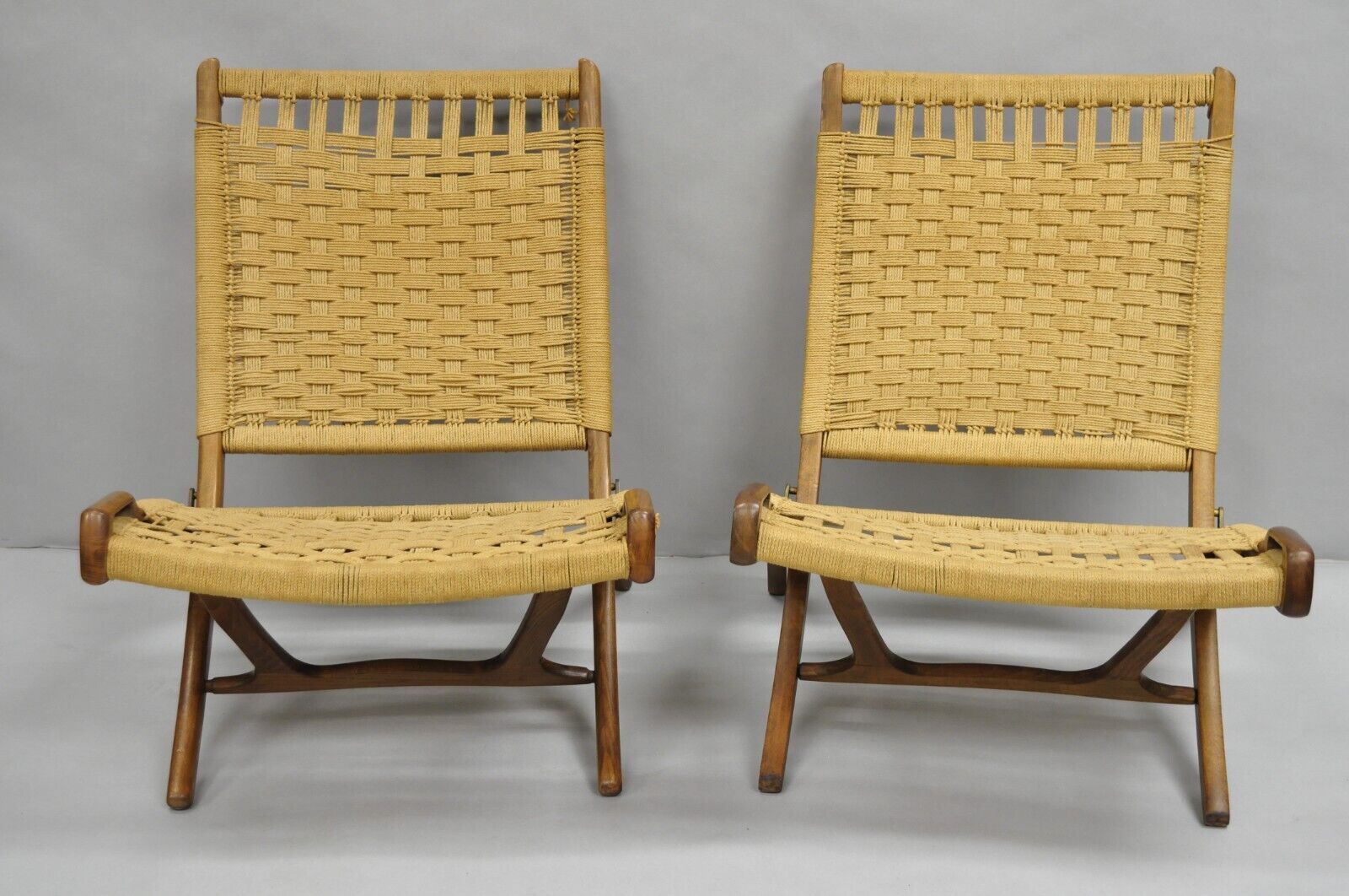 Vintage Mid Century Modern Woven Rope Wooden Folding Lounge Chair - a Pair