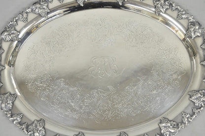 Antique English Victorian Silver Plated Grapevine Oval Bar Tray w/ Monogram