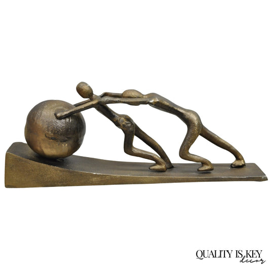 Modern Abstract Brutalist Cast Metal Sculpture Figures Pushing Boulder up Hill