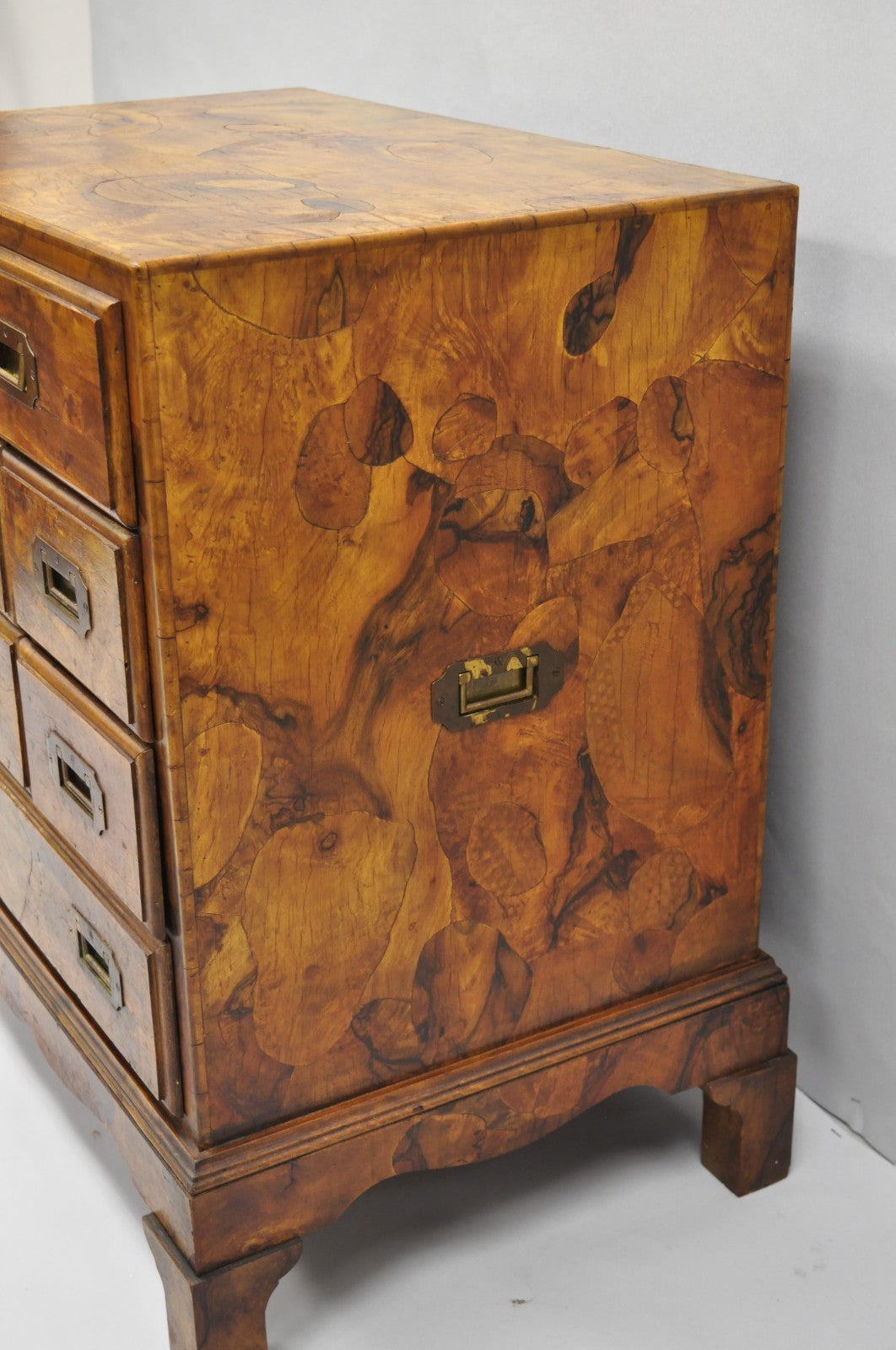 Vintage Italian Olive Wood Veneer Campaign Chest of Drawers Cabinet Side Table