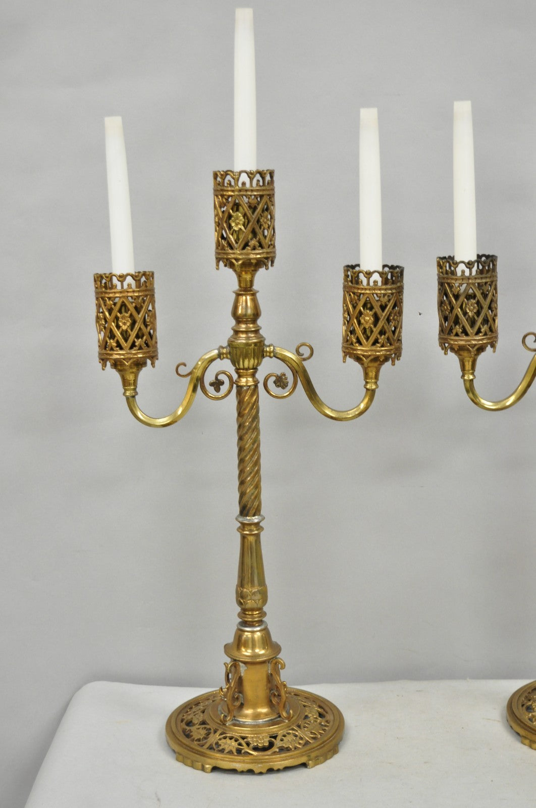 Oscar Bach French Renaissance Gothic Brass 3 Arm Candelabra Table Lamps - a Pair