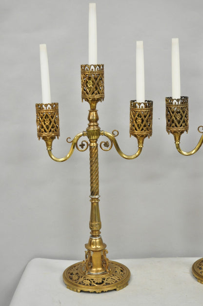 Oscar Bach French Renaissance Gothic Brass 3 Arm Candelabra Table Lamps - a Pair