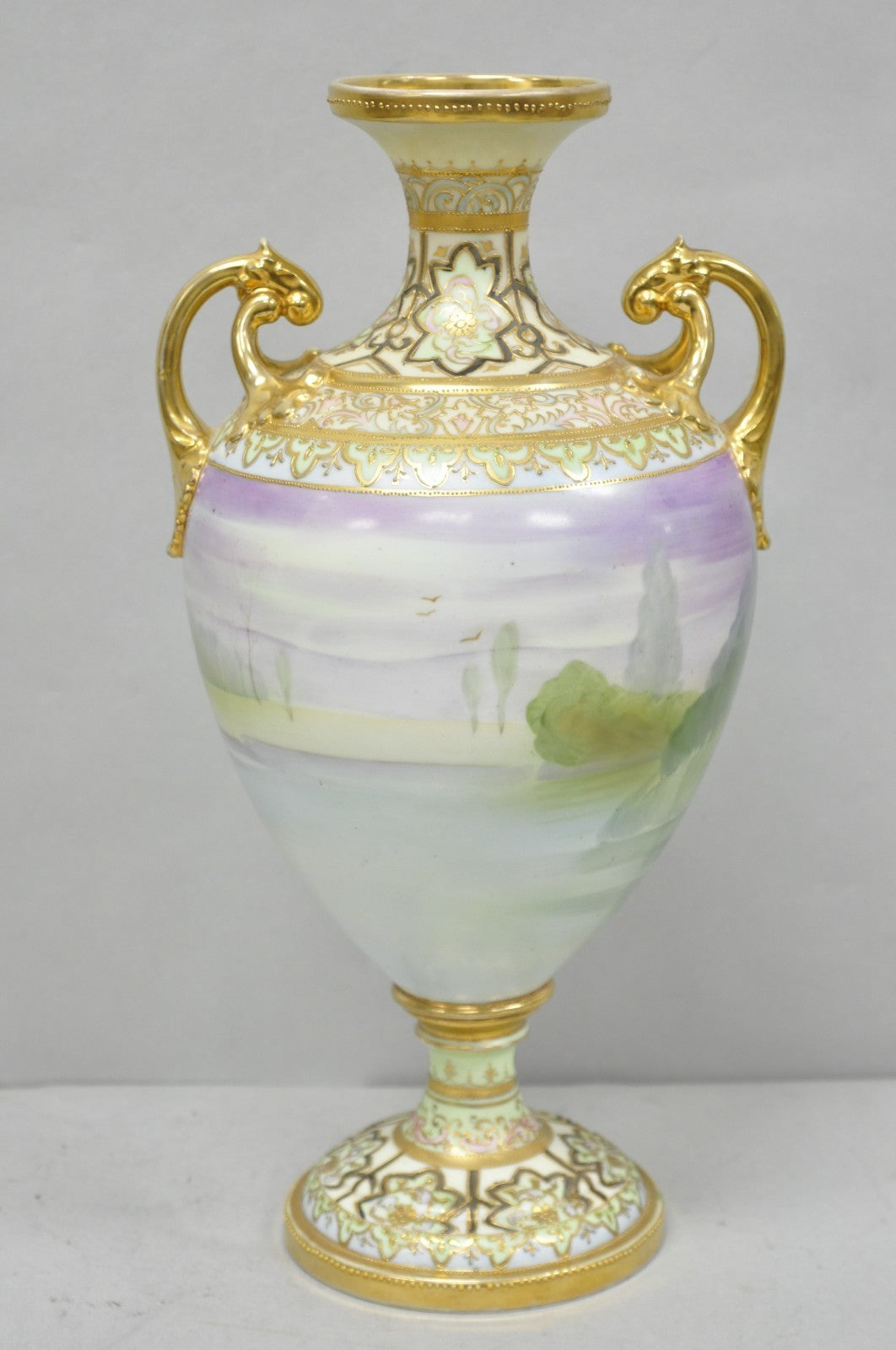 Antique Nippon Hand Painted Cottage Lake Porcelain Twin Handle Bolted Urn Vase