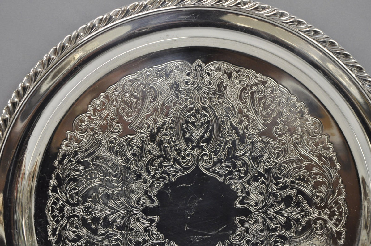 Vintage Oneida Victorian Style 12" Round Silver Plated Serving Platter Bar Tray