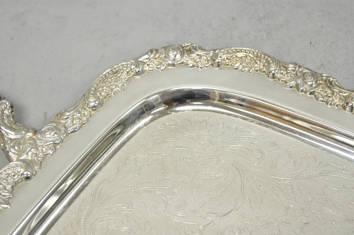 Vintage Oneida Victorian Silver Plated Etched Butlers Serving Platter Bar Tray