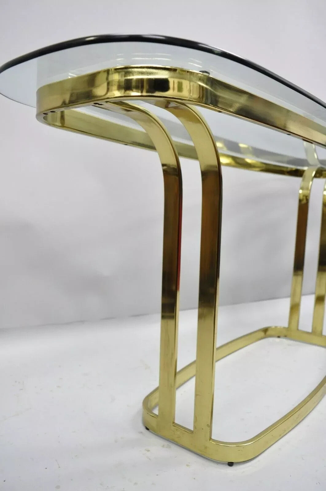 Vintage Hollywood Regency Brass & Glass Sculptural Gold Console Sofa Hall Table