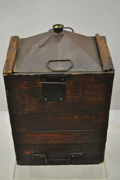Antique Export Tin Metal Transport 5 Gallon Canister Container with Wood Case