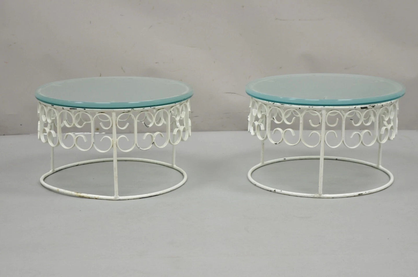 Vintage Arthur Umanoff Wrought Iron Scroll Low Round Glass Top Side Table - Pair