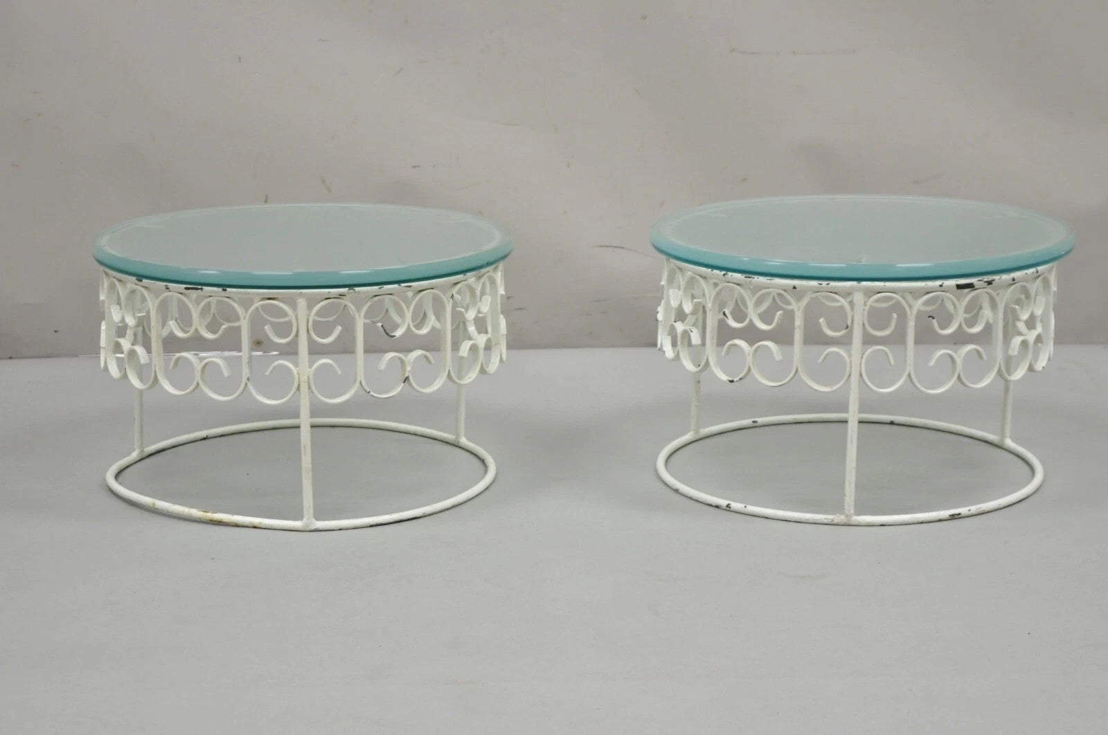 Vintage Arthur Umanoff Wrought Iron Scroll Low Round Glass Top Side Table - Pair