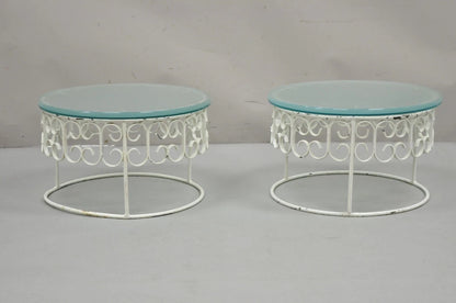 Vintage Arthur Umanoff Wrought Iron Scroll Low Round Glass Top Side Table - Pair