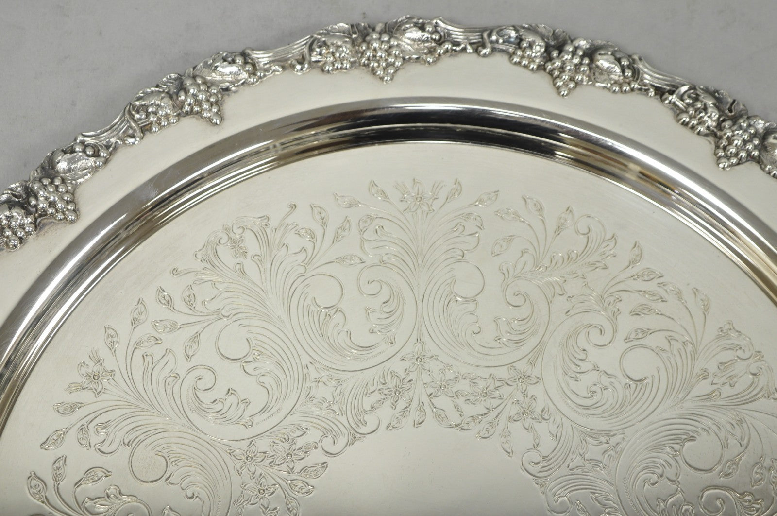 Vintage Victorian Silver Plated Grapevine Repousse 20" Round Serving Platter