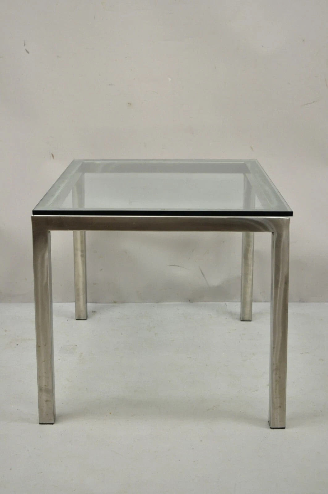 Mid Century Modern Brushed Metal Glass Top Milo Baughman Style Side Table