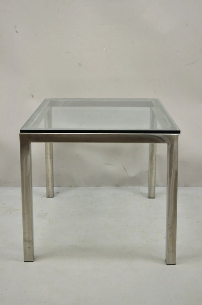 Mid Century Modern Brushed Metal Glass Top Milo Baughman Style Side Table