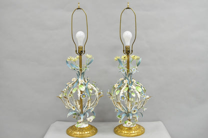 Vintage Italian Hollywood Regency Iron Tole Metal Painted Flower Table Lamp Pair