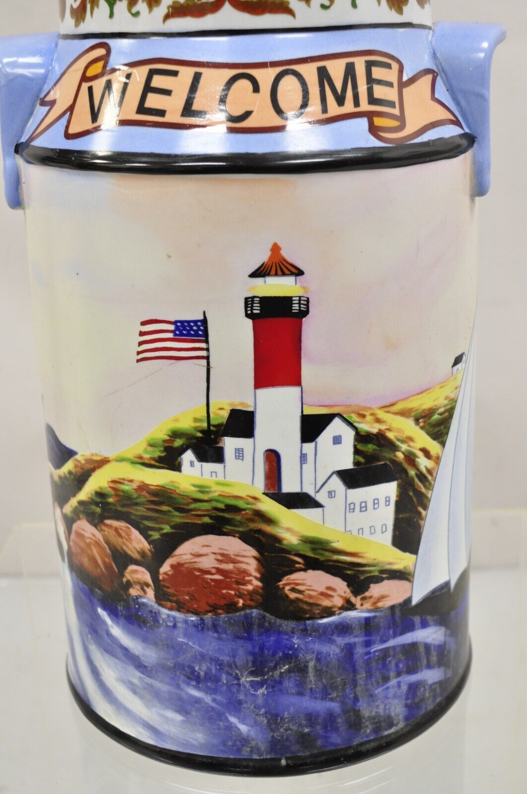 Vintage Nautical Painted Lighthouse and Flag Ceramic Umbrella Cane Holder