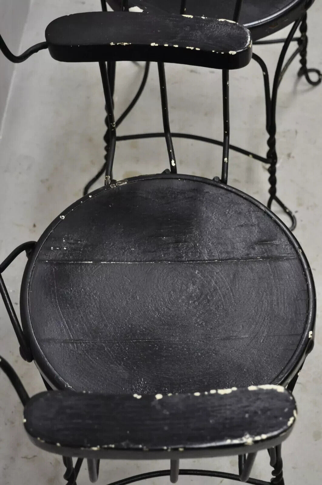 Antique Wrought Iron Twisted Metal Ice Cream Parlor Arm Chairs Wood Arms - Pair