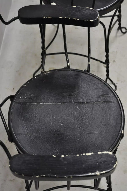 Antique Wrought Iron Twisted Metal Ice Cream Parlor Arm Chairs Wood Arms - Pair
