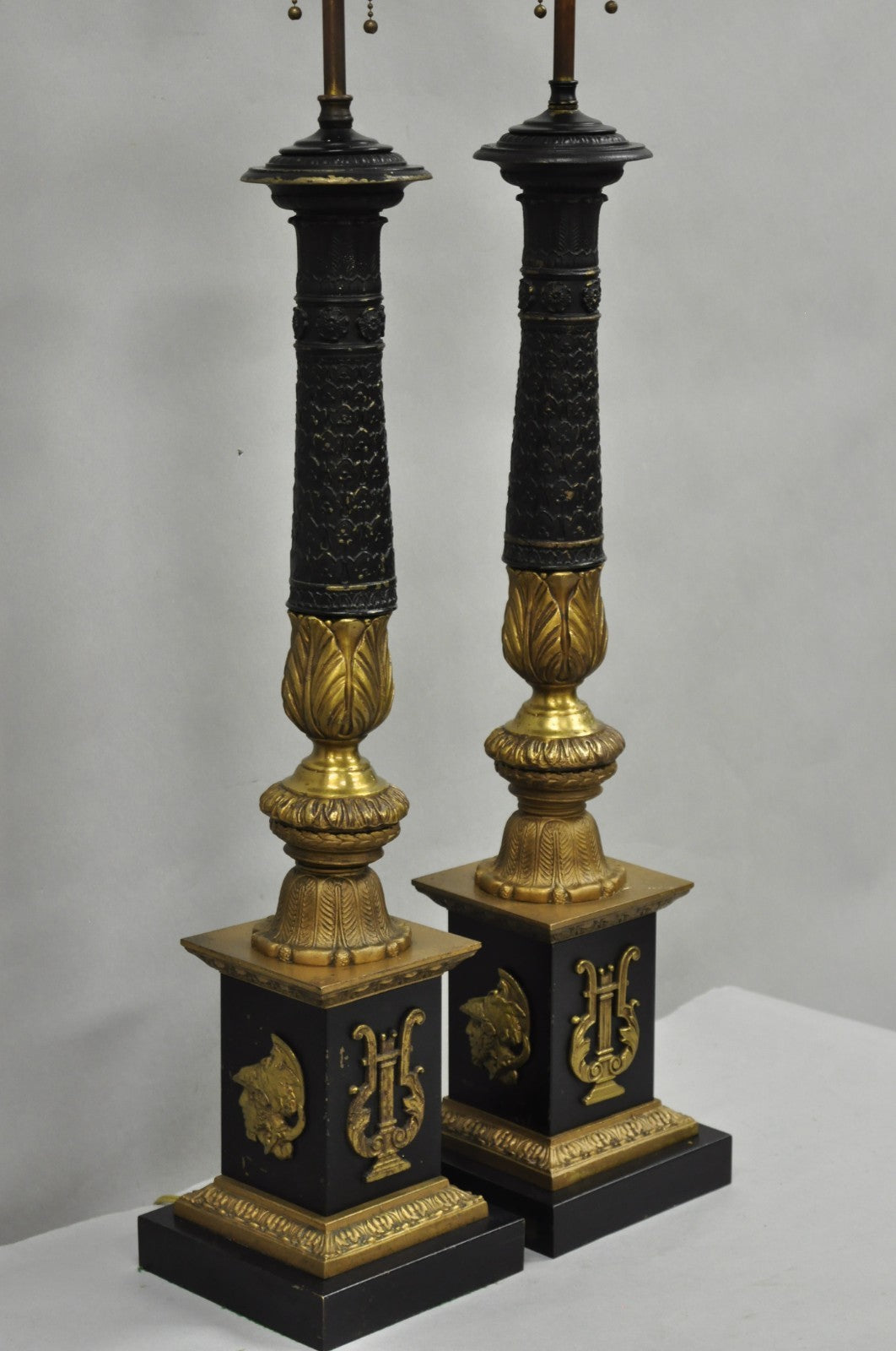 Antique French Empire Style Figural Black & Gold Tall Column Table Lamps - Pair