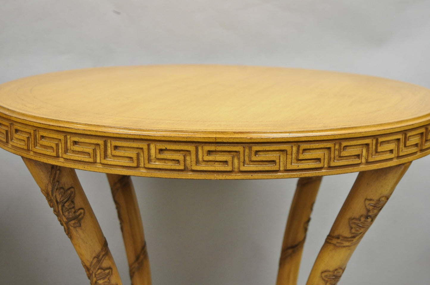 Vintage Italian Regency Round Leather Top Greek Key Carved Side Tables - a Pair