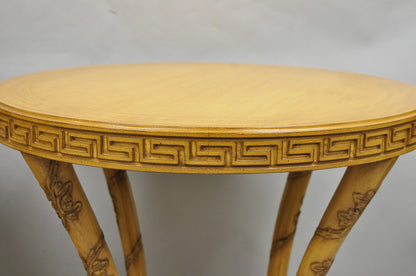 Vintage Italian Regency Round Leather Top Greek Key Carved Side Tables - a Pair