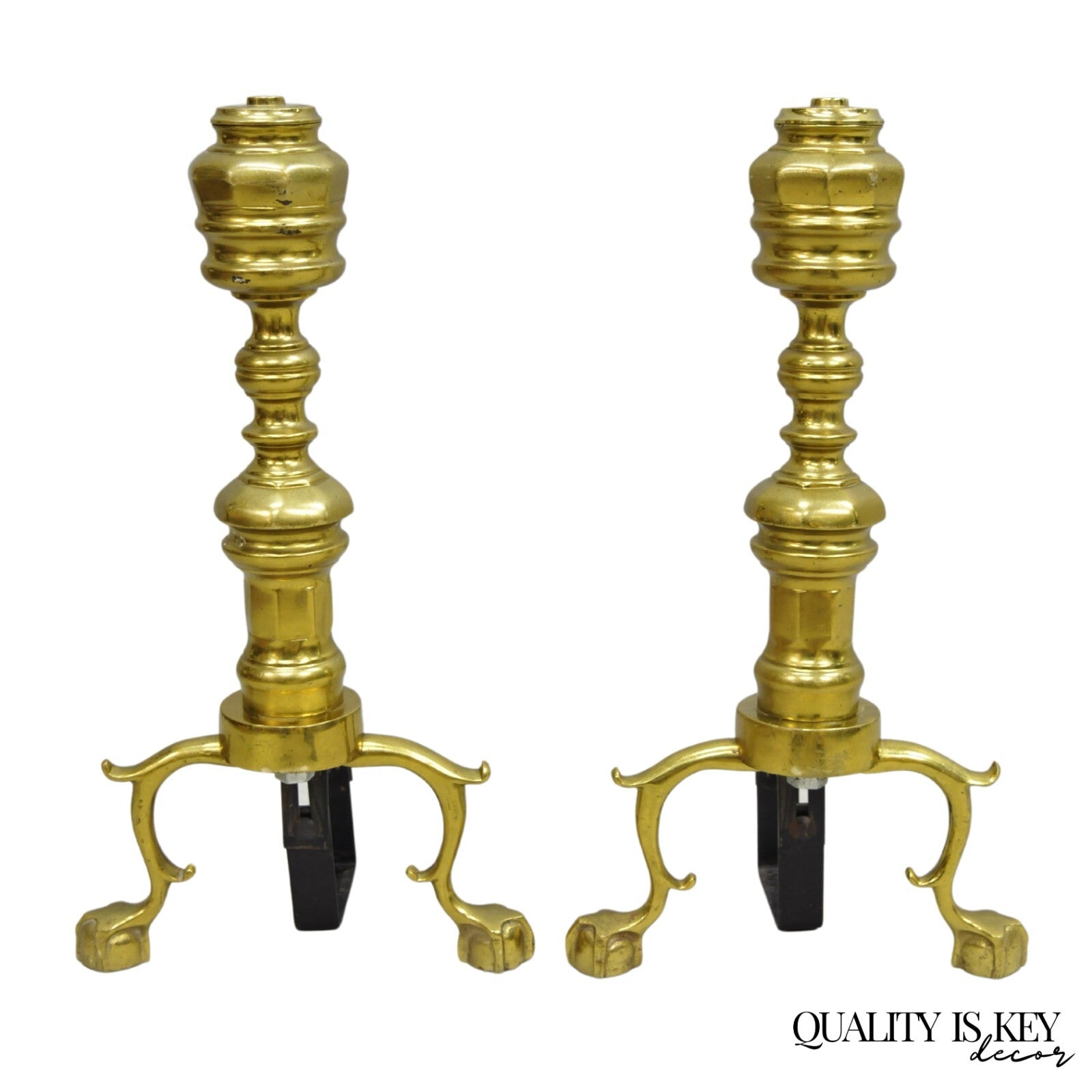 Vintage Federal Style Brass Branch Foot Gold Fireplace Andirons - a Pair