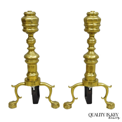 Vintage Federal Style Brass Branch Foot Gold Fireplace Andirons - a Pair
