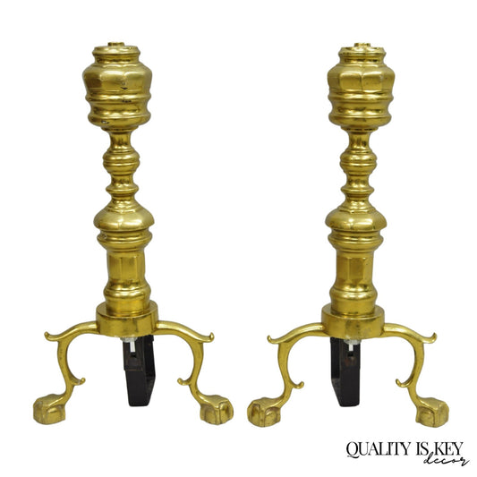 Vintage Federal Style Brass Branch Foot Gold Fireplace Andirons - a Pair
