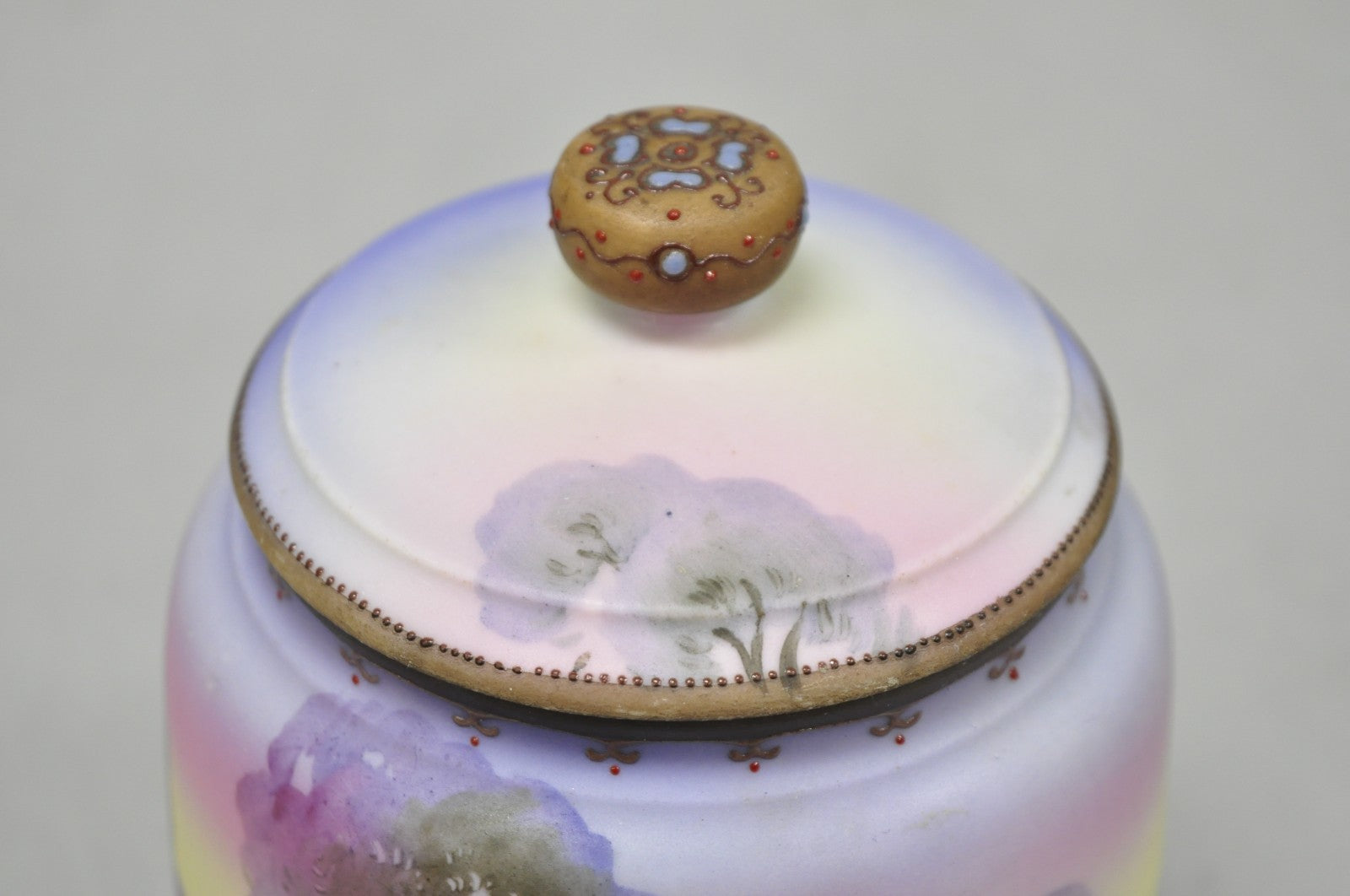 Antique Nippon Hand Painted Porcelain Countryside Lake Scene Covered Biscuit Jar