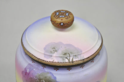 Antique Nippon Hand Painted Porcelain Countryside Lake Scene Covered Biscuit Jar