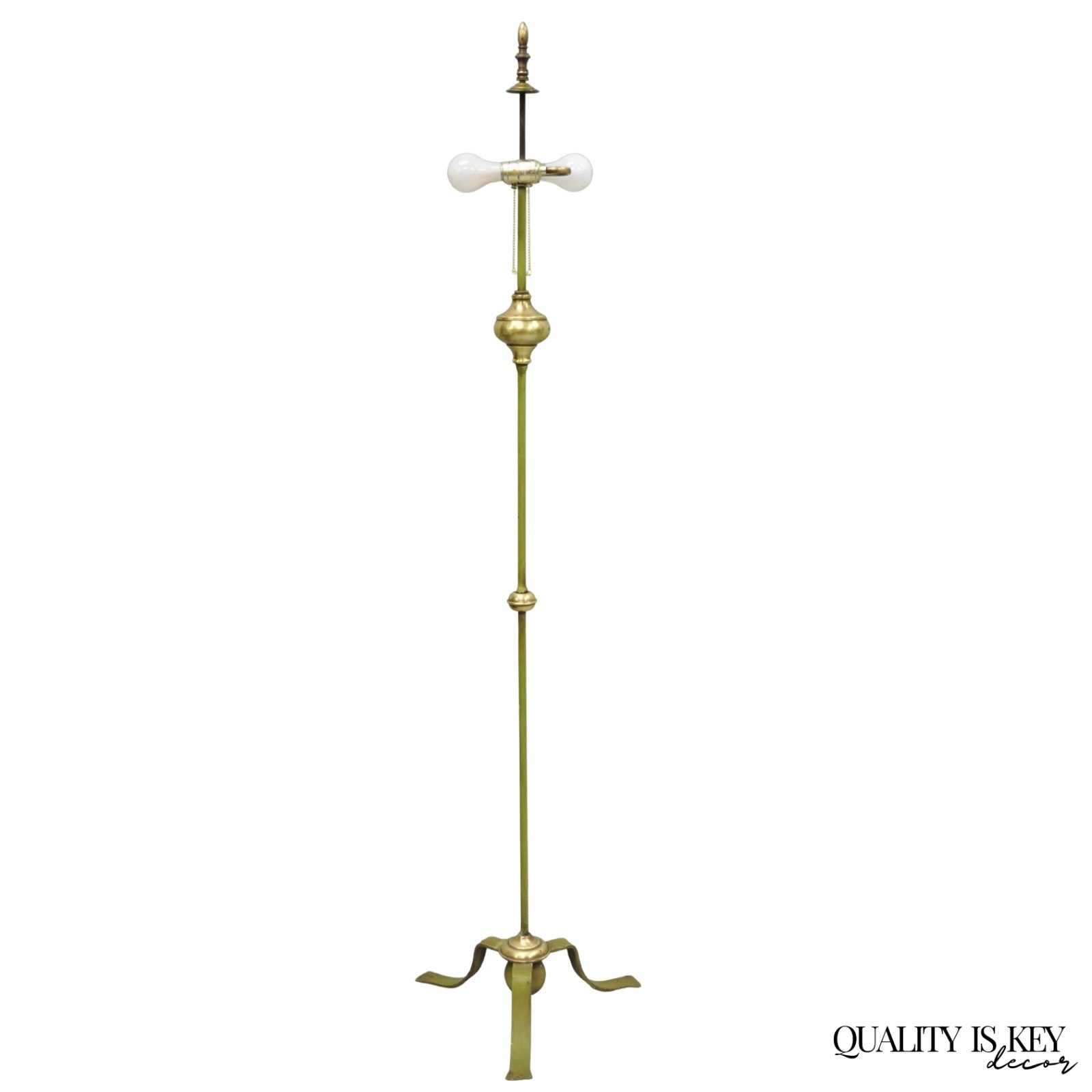 Antique Spanish Renaissance Gothic Green Iron & Brass Tripod Pole Floor Lamp