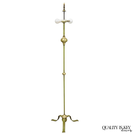 Antique Spanish Renaissance Gothic Green Iron & Brass Tripod Pole Floor Lamp