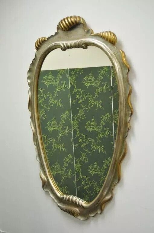 Italian Hollywood Regency Gold and Silver Giltwood Scroll Carved Wall Mirror