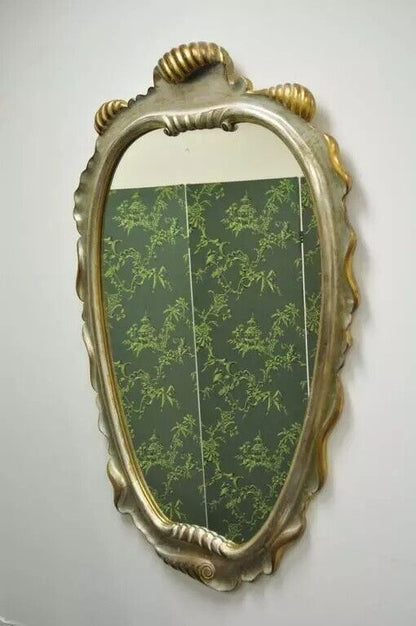 Italian Hollywood Regency Gold and Silver Giltwood Scroll Carved Wall Mirror