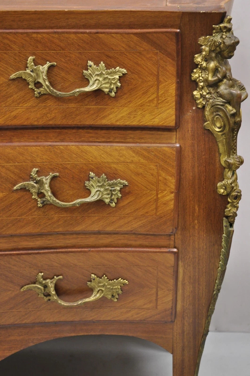 Vintage French Louis XV Style Bombe Commode Dresser Chest of Drawers w/ Cherubs