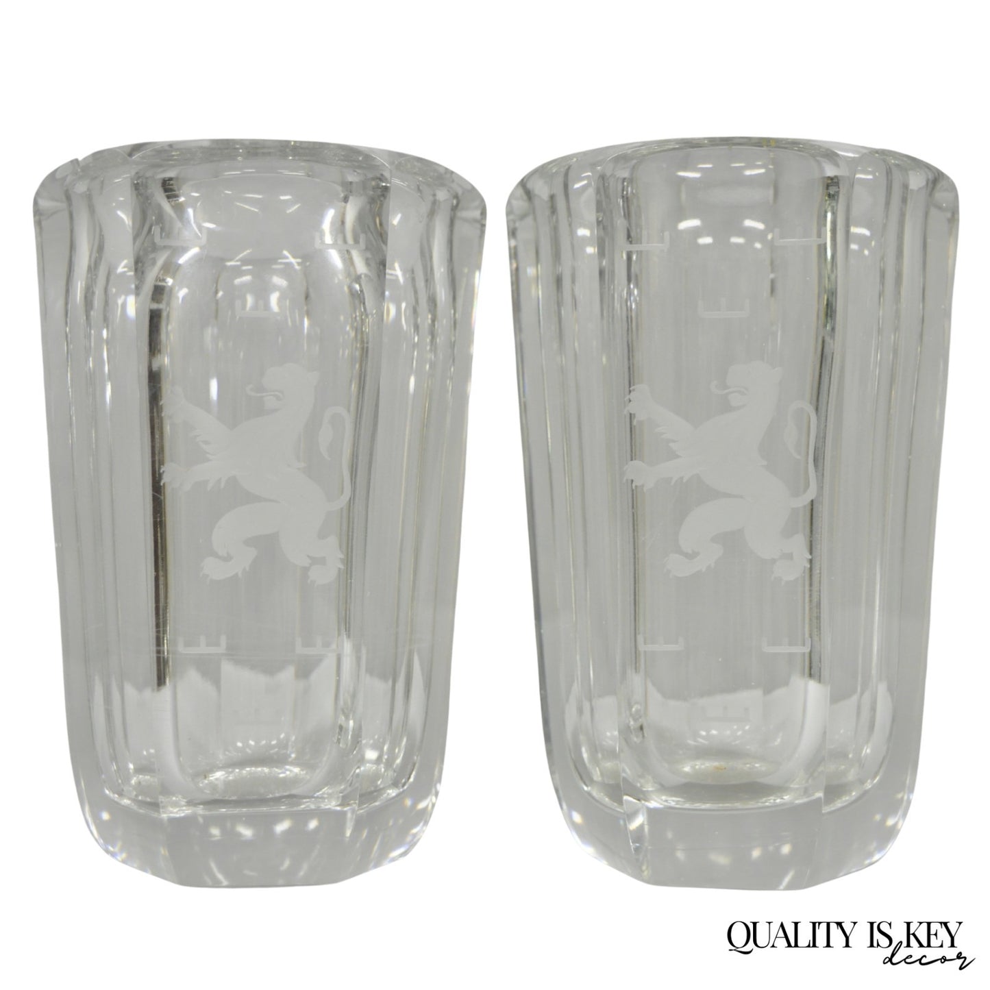 Vintage Kosta Boda Elis Bergh Etched Rampant Lion Crystal Glass 7.5" Vase a Pair