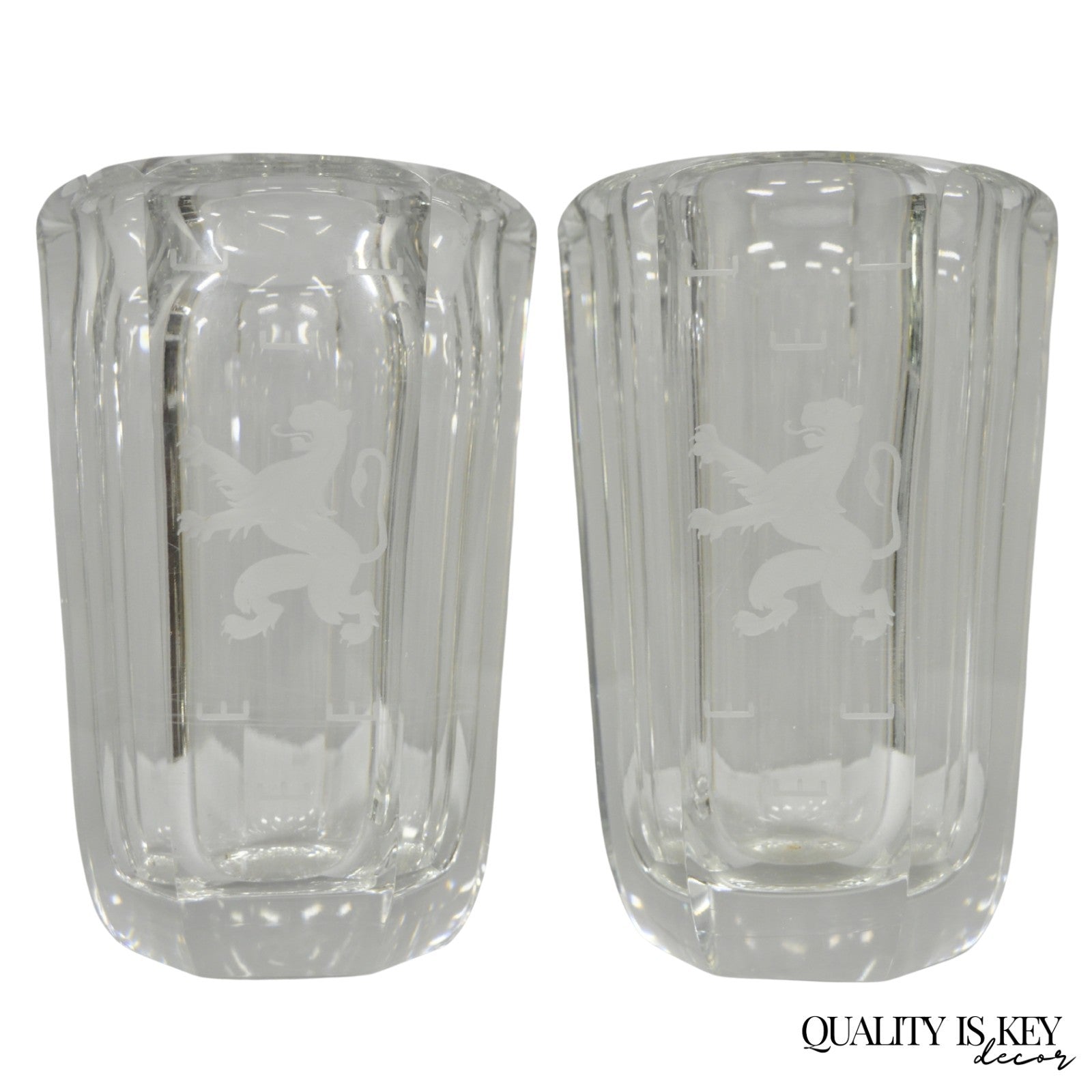 Vintage Kosta Boda Elis Bergh Etched Rampant Lion Crystal Glass 7.5" Vase a Pair