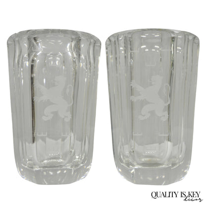 Vintage Kosta Boda Elis Bergh Etched Rampant Lion Crystal Glass 7.5" Vase a Pair