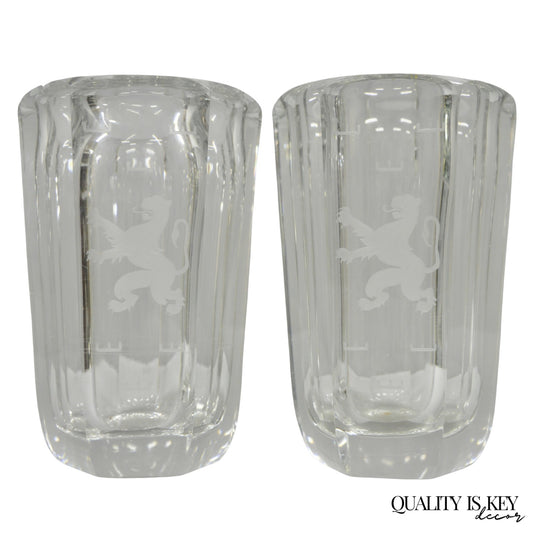 Vintage Kosta Boda Elis Bergh Etched Rampant Lion Crystal Glass 7.5" Vase a Pair