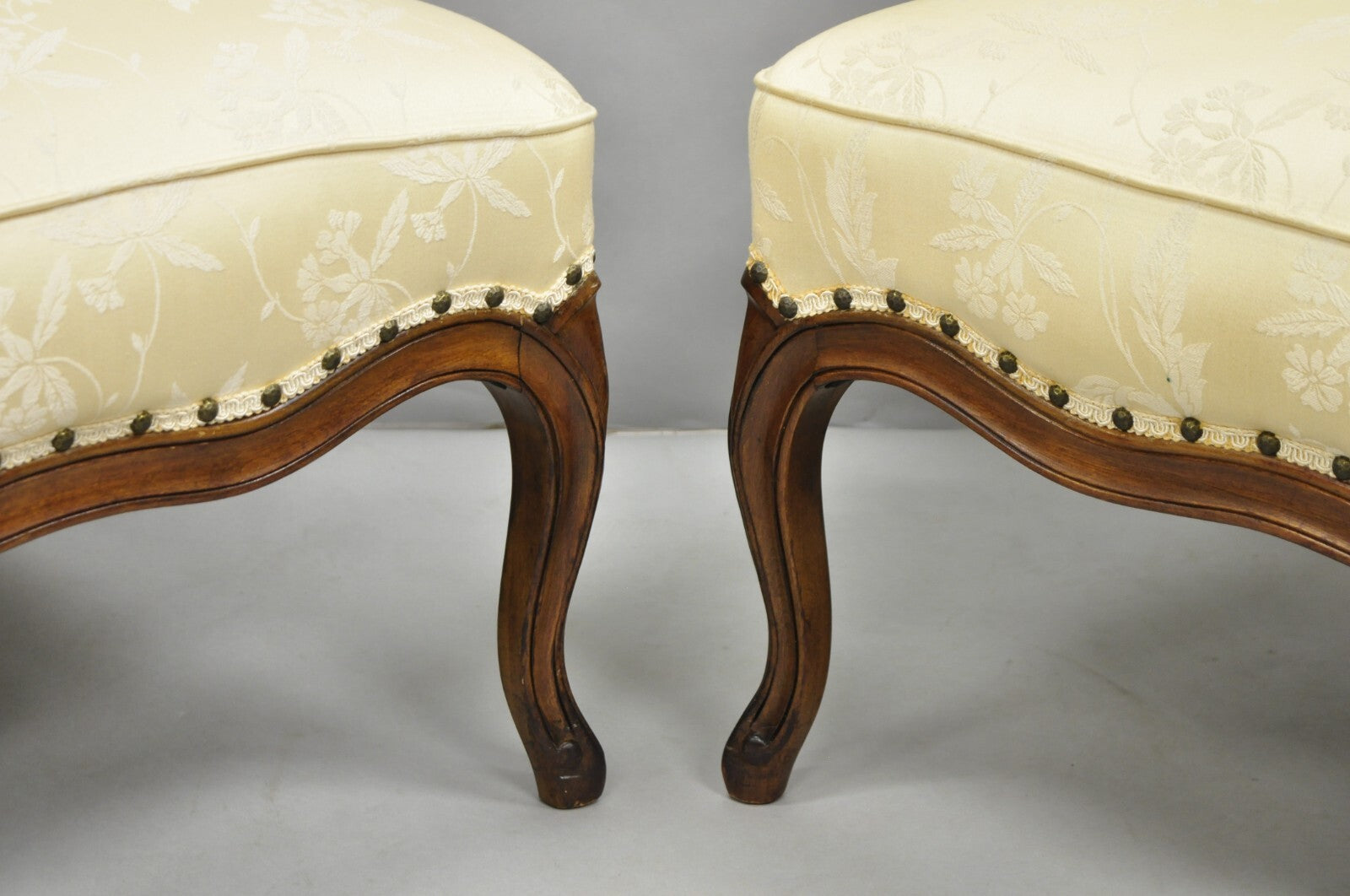 Vintage French Country Provincial Cherry Cabriole Leg Slipper Lounge Chair Pair
