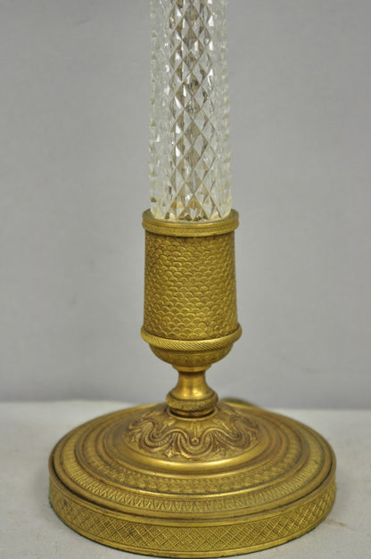 Antique French Empire Gilt Bronze Crystal Column Small Candlestick Table Lamp